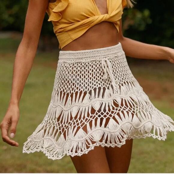 Summer Boho Crochet Mini Skirt Swimsuit Cover Women's Size 8 - Picture 2 of 14